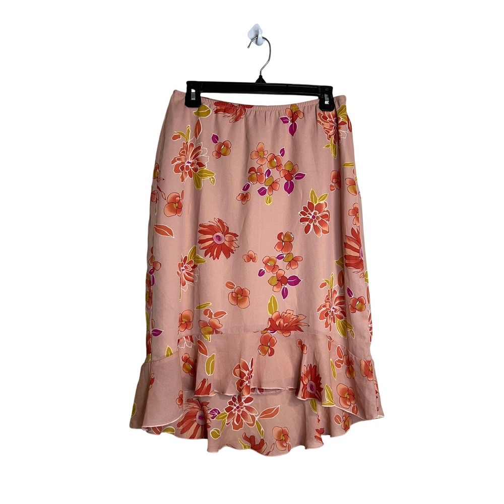 D-Eight Peach Floral High Low Ruffle Midi Skirt Womens Large VUS-20W